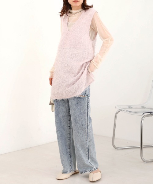 Bab(バブ)の「シアーシャギーベストトップス(ベスト・レディース・ブラック/ピンク/オフホワイト・M)」の6枚目の写真