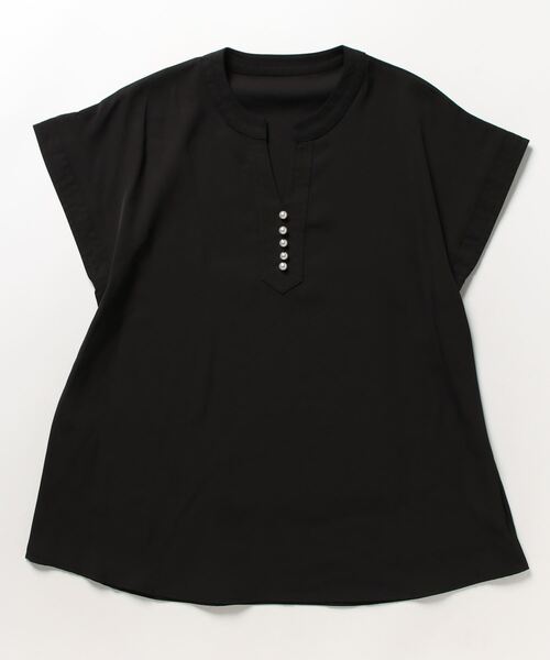 Q（キュー）の「パールVネックブラウス（シャツ/ブラウス・レディース・ベージュ/ブラック・MEDIUM）」の3枚目の写真