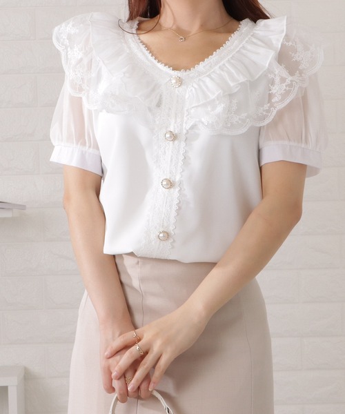 Lace Ladies（レースレディース）の「ダブルフリルVネックシフォンブラウス（シャツ/ブラウス・レディース・ホワイト・M/XL）」の4枚目の写真