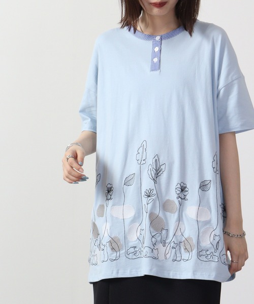 Emago(イマゴ)の「EMAGO 一筆ネコ刺繍チュニック 半袖(チュニック・レディース・ネイビー/ブルー/オリーブ系・FREE)」の18枚目の写真