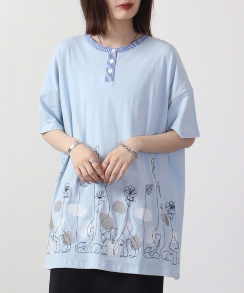 EMAGO 一筆ネコ刺繍チュニック 半袖（チュニック）｜Emago