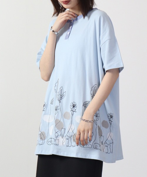 Emago(イマゴ)の「EMAGO 一筆ネコ刺繍チュニック 半袖(チュニック・レディース・ネイビー/ブルー/オリーブ系・FREE)」の20枚目の写真