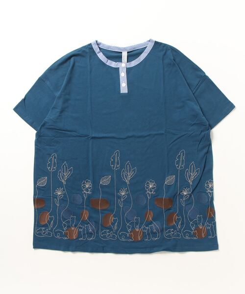Emago(イマゴ)の「EMAGO 一筆ネコ刺繍チュニック 半袖(チュニック・レディース・ネイビー/ブルー/オリーブ系・FREE)」の8枚目の写真