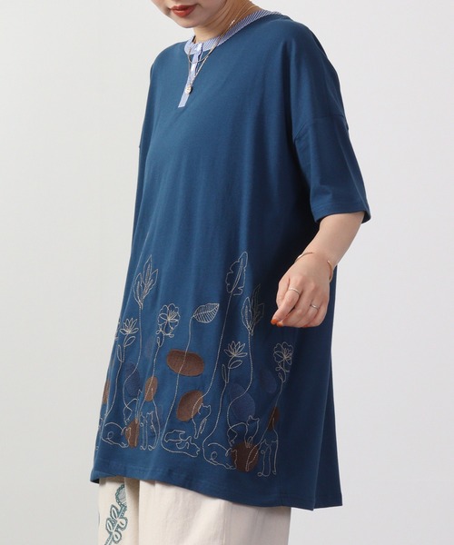 Emago(イマゴ)の「EMAGO 一筆ネコ刺繍チュニック 半袖(チュニック・レディース・ネイビー/ブルー/オリーブ系・FREE)」の11枚目の写真