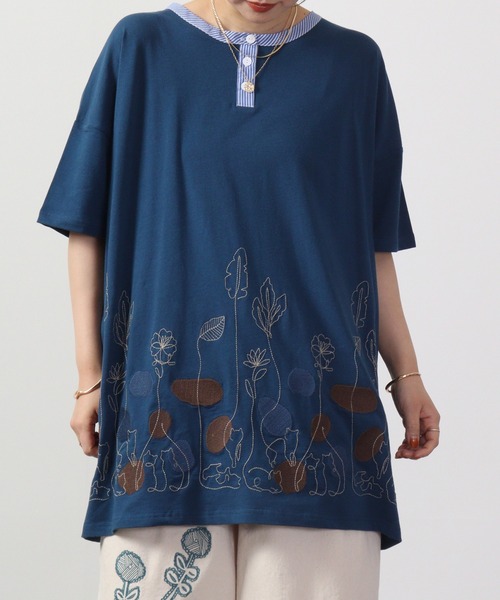 Emago(イマゴ)の「EMAGO 一筆ネコ刺繍チュニック 半袖(チュニック・レディース・ネイビー/ブルー/オリーブ系・FREE)」の10枚目の写真