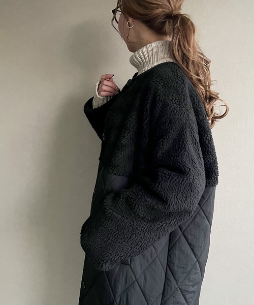 JUNOAH（ジュノア）の「キルティングボア切替ロングコート（ノーカラーコート・レディース・ブラック/ベージュ/アイボリー・LARGE/X-LARGE/MEDIUM）」の6枚目の写真