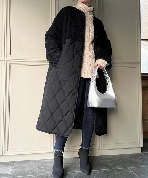 アンティカ　ボアキルティングロングコート ブラック【新品開封のみ】 楽天市場】ダウンのような暖かさ キルティングコート コート