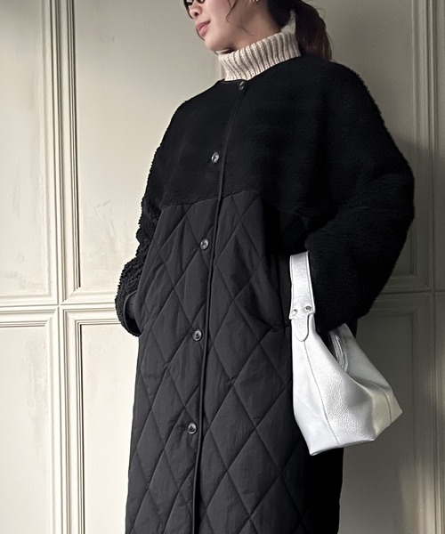 JUNOAH（ジュノア）の「キルティングボア切替ロングコート（ノーカラーコート・レディース・ブラック/ベージュ/アイボリー・LARGE/X-LARGE/MEDIUM）」の9枚目の写真