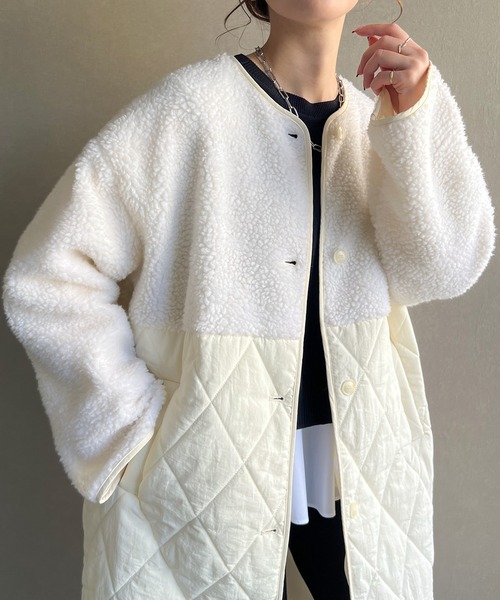 JUNOAH（ジュノア）の「キルティングボア切替ロングコート（ノーカラーコート・レディース・ブラック/ベージュ/アイボリー・LARGE/X-LARGE/MEDIUM）」の10枚目の写真