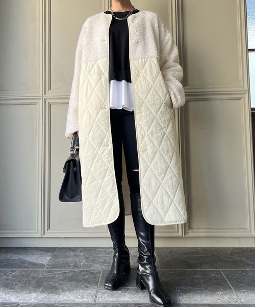 JUNOAH（ジュノア）の「キルティングボア切替ロングコート（ノーカラー