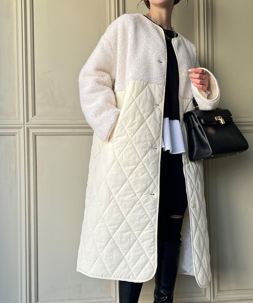 JUNOAH（ジュノア）の「キルティングボア切替ロングコート（ノーカラーコート・レディース・ブラック/ベージュ/アイボリー・LARGE/X-LARGE/MEDIUM）」の12枚目の写真