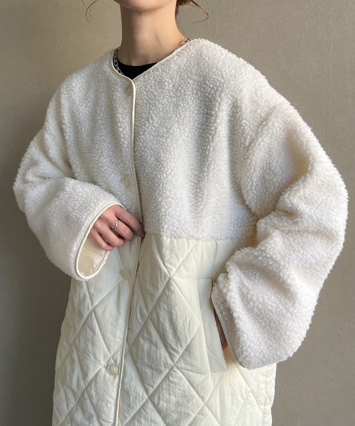 JUNOAH（ジュノア）の「キルティングボア切替ロングコート（ノーカラーコート・レディース・ブラック/ベージュ/アイボリー・LARGE/X-LARGE/MEDIUM）」の14枚目の写真