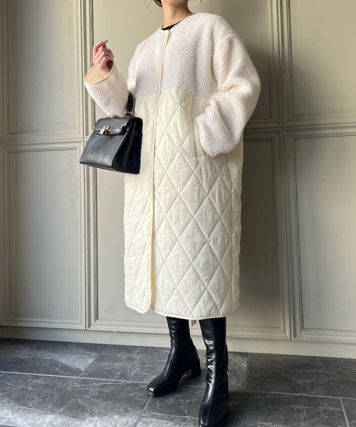 JUNOAH（ジュノア）の「キルティングボア切替ロングコート（ノーカラーコート・レディース・ブラック/ベージュ/アイボリー・LARGE/X-LARGE/MEDIUM）」の15枚目の写真