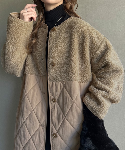 JUNOAH（ジュノア）の「キルティングボア切替ロングコート（ノーカラー