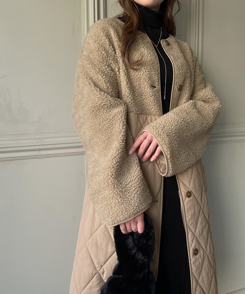 JUNOAH（ジュノア）の「キルティングボア切替ロングコート（ノーカラーコート・レディース・ブラック/ベージュ/アイボリー・LARGE/X-LARGE/MEDIUM）」の18枚目の写真