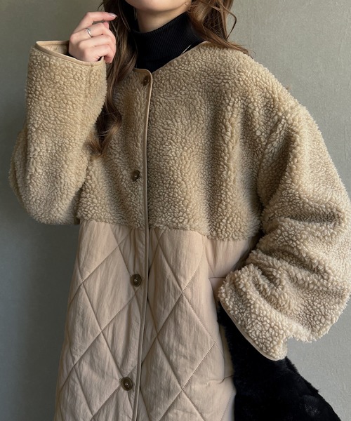 JUNOAH（ジュノア）の「キルティングボア切替ロングコート（ノーカラーコート・レディース・ブラック/ベージュ/アイボリー・LARGE/X-LARGE/MEDIUM）」の21枚目の写真