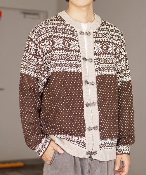 MinoriTY】チロリアン柄ノーカラーカーディガン ニットカーディガン