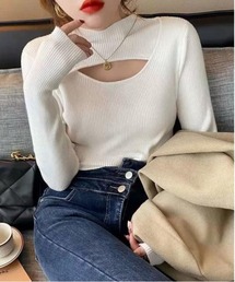 ハイネック 胸開き ニットトップス