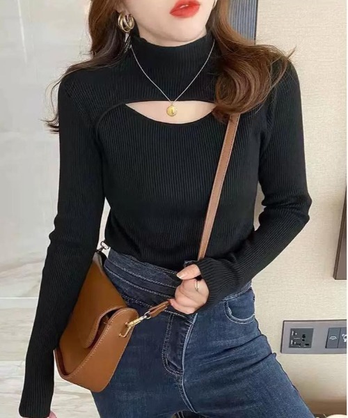 Dream garden（ドリームガーデン）の「ハイネック 胸開き ニットトップス（ニット/セーター・レディース・カーキ/ホワイト/ブラウン/ブラック・FREE）」の7枚目の写真