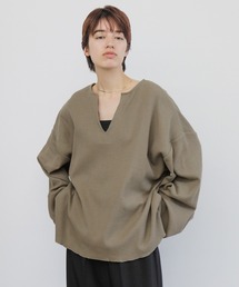 キーネックワッフルトップス