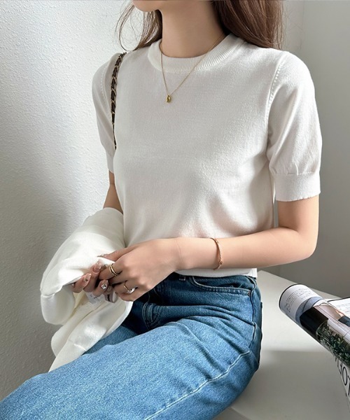 COCOMOMO(ココモモ)の「【きれいめ定番アンサンブル】 アンサンブルニット カーディガン セット ニット カーディガン パフスリーブ 半袖 サマーニット 長袖 レイヤードトップス オフィスカジュアル 春服 夏服 秋服(ニット/セーター・レディース・ブルー/ブラック/ネイビー/パープル/マスタード/ホワイト/アイボリー/ブラウン/グリーン・FREE)」の18枚目の写真