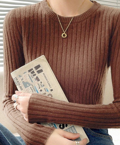 Miniministore(ミニミニストア)の「リブニットトップス 長袖リブカットソー(ニット/セーター・レディース・ネイビー/パープル/グレー/ベージュ/ミント/ブラウン/ブラック/ライトベージュ/ホワイト/ライトグレー・フリー)」の6枚目の写真
