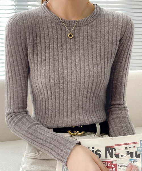 Miniministore(ミニミニストア)の「リブニットトップス 長袖リブカットソー(ニット/セーター・レディース・ネイビー/パープル/グレー/ベージュ/ミント/ブラウン/ブラック/ライトベージュ/ホワイト/ライトグレー・フリー)」の5枚目の写真