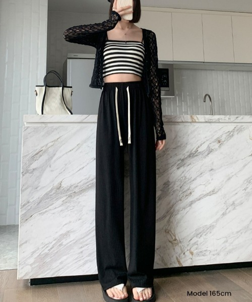 SEU(エスイーユー)の「リブセミワイドパンツ 一押し ストレートワイドパンツ リブニット(その他パンツ・レディース・ピンク/ホワイト/ブラック/グレー/ベージュ・フリー)」の2枚目の写真