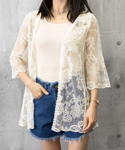 Miniministore（ミニミニストア）の「レースガウン ロング 花柄 5分袖（カーディガン/ボレロ・レディース・ホワイト/ベージュ・FREE）」の6枚目の写真