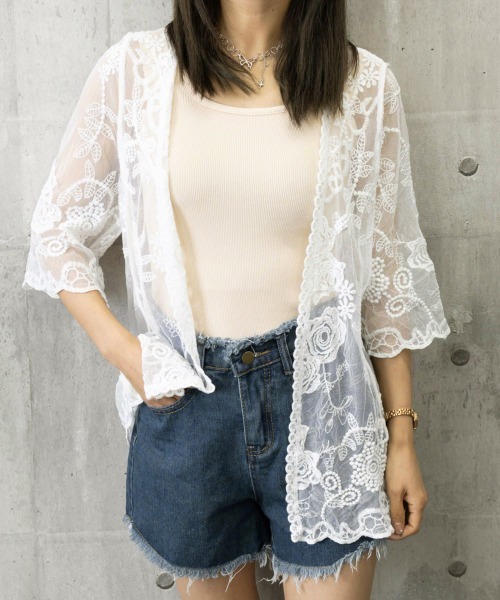Miniministore（ミニミニストア）の「レースガウン ロング 花柄 5分袖（カーディガン/ボレロ・レディース・ホワイト/ベージュ・FREE）」の7枚目の写真