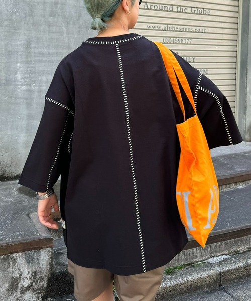 SOUNDSGOOOOD（サウンズグッド）の「【SOUNDS GOOOOD / サウンズグッド】配色ステッチサイドスリットTee半袖（Tシャツ/カットソー・メンズ・オレンジ/ライム/ライトグレー/ブラック/オフホワイト・ONE SIZE）」の3枚目の写真