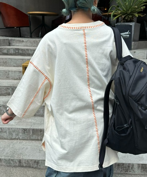 SOUNDSGOOOOD（サウンズグッド）の「【SOUNDS GOOOOD / サウンズグッド】配色ステッチサイドスリットTee半袖（Tシャツ/カットソー・メンズ・オレンジ/ライム/ライトグレー/ブラック/オフホワイト・ONE SIZE）」の9枚目の写真