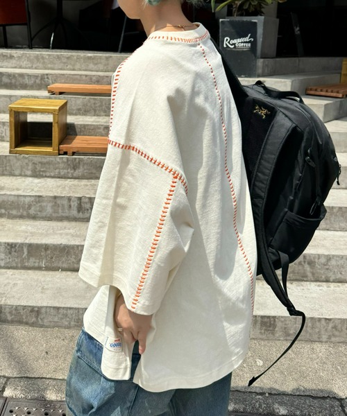 SOUNDSGOOOOD（サウンズグッド）の「【SOUNDS GOOOOD / サウンズグッド】配色ステッチサイドスリットTee半袖（Tシャツ/カットソー・メンズ・オレンジ/ライム/ライトグレー/ブラック/オフホワイト・ONE SIZE）」の8枚目の写真