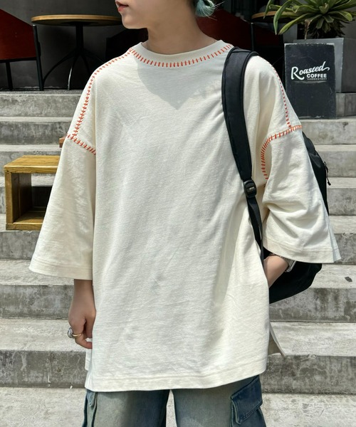 SOUNDSGOOOOD（サウンズグッド）の「【SOUNDS GOOOOD / サウンズグッド】配色ステッチサイドスリットTee半袖（Tシャツ/カットソー・メンズ・オレンジ/ライム/ライトグレー/ブラック/オフホワイト・ONE SIZE）」の6枚目の写真