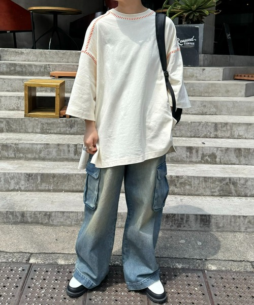 SOUNDSGOOOOD（サウンズグッド）の「【SOUNDS GOOOOD / サウンズグッド】配色ステッチサイドスリットTee半袖（Tシャツ/カットソー・メンズ・オレンジ/ライム/ライトグレー/ブラック/オフホワイト・ONE SIZE）」の10枚目の写真