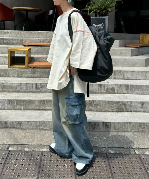 SOUNDSGOOOOD（サウンズグッド）の「【SOUNDS GOOOOD / サウンズグッド】配色ステッチサイドスリットTee半袖（Tシャツ/カットソー・メンズ・オレンジ/ライム/ライトグレー/ブラック/オフホワイト・ONE SIZE）」の11枚目の写真