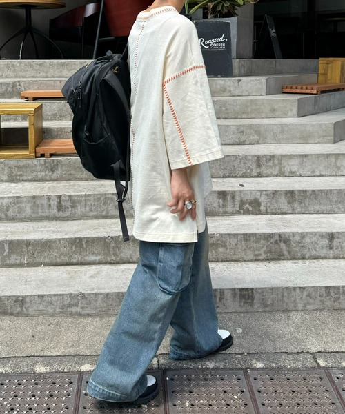 SOUNDSGOOOOD（サウンズグッド）の「【SOUNDS GOOOOD / サウンズグッド】配色ステッチサイドスリットTee半袖（Tシャツ/カットソー・メンズ・オレンジ/ライム/ライトグレー/ブラック/オフホワイト・ONE SIZE）」の12枚目の写真