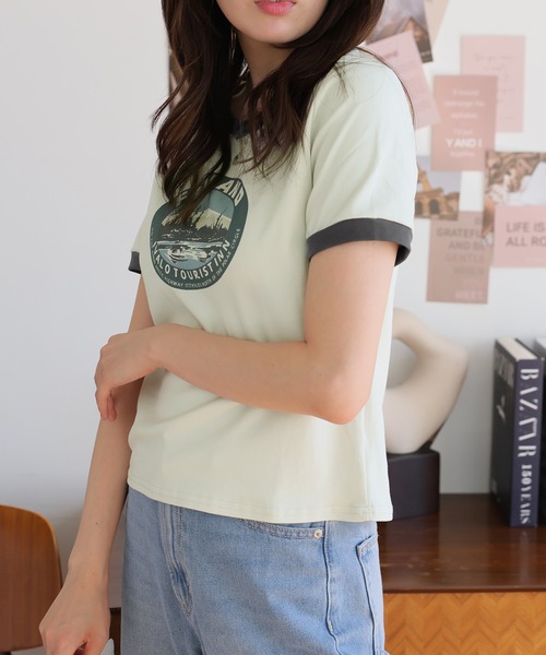 Girly Doll(ガーリードール)の「イラストロゴプリントTシャツ(Tシャツ/カットソー・レディース・ホワイト/グリーン/ピンク/ベージュ・F)」の12枚目の写真
