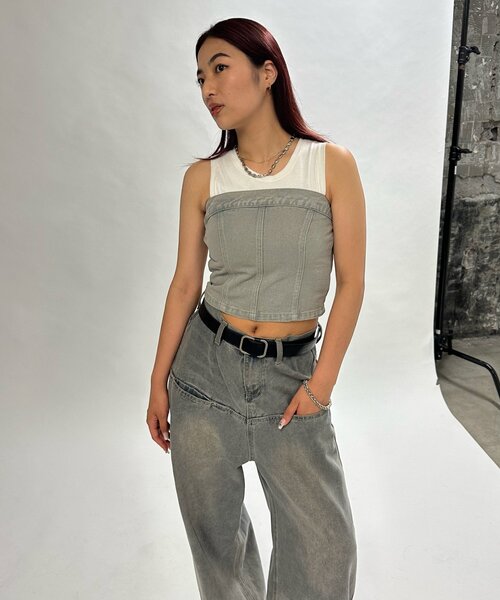 WHO'S WHO gallery（フーズフーギャラリー）の「ブラストデニムベア /セットアップ対応可（チューブトップ・レディース・サンドベージュ/ネイビー/ライトグレー・FREE）」の7枚目の写真