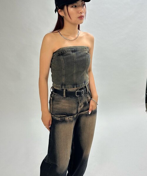 WHO'S WHO gallery（フーズフーギャラリー）の「ブラストデニムベア /セットアップ対応可（チューブトップ・レディース・サンドベージュ/ネイビー/ライトグレー・FREE）」の17枚目の写真