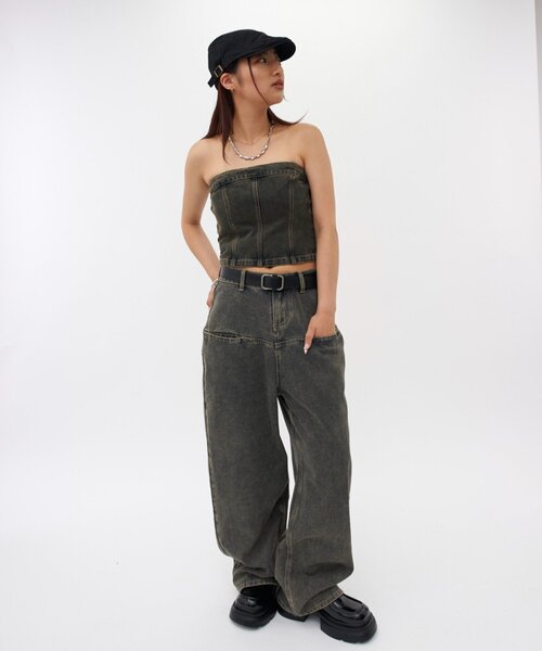 WHO'S WHO gallery（フーズフーギャラリー）の「ブラストデニムベア /セットアップ対応可（チューブトップ・レディース・サンドベージュ/ネイビー/ライトグレー・FREE）」の15枚目の写真