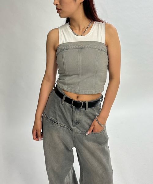 WHO'S WHO gallery（フーズフーギャラリー）の「ブラストデニムベア /セットアップ対応可（チューブトップ・レディース・サンドベージュ/ネイビー/ライトグレー・FREE）」の2枚目の写真