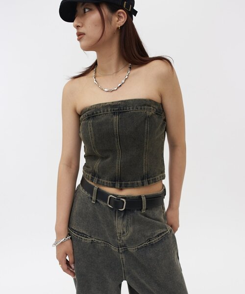 WHO'S WHO gallery（フーズフーギャラリー）の「ブラストデニムベア /セットアップ対応可（チューブトップ・レディース・サンドベージュ/ネイビー/ライトグレー・FREE）」の9枚目の写真