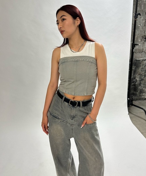 WHO'S WHO gallery（フーズフーギャラリー）の「ブラストデニムベア /セットアップ対応可（チューブトップ・レディース・サンドベージュ/ネイビー/ライトグレー・FREE）」の13枚目の写真