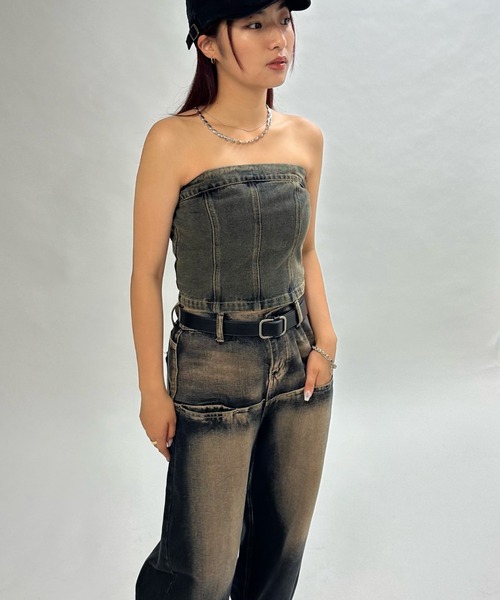 WHO'S WHO gallery（フーズフーギャラリー）の「ブラストデニムベア /セットアップ対応可（チューブトップ・レディース・サンドベージュ/ネイビー/ライトグレー・FREE）」の11枚目の写真