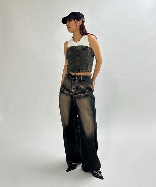 WHO'S WHO gallery（フーズフーギャラリー）の「ブラストデニムベア /セットアップ対応可（チューブトップ・レディース・サンドベージュ/ネイビー/ライトグレー・FREE）」の10枚目の写真