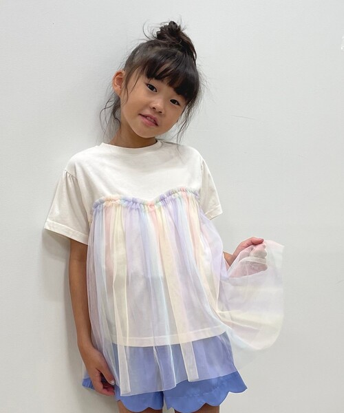 SHOO・LA・RUE(シューラルー)の「◆【110-140cm】チュールドッキング半袖Tシャツ(Tシャツ/カットソー・キッズ・オフホワイト/ブラック/ライトブルー・11/12/13/14)」の4枚目の写真