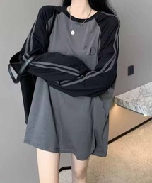 ライン柄ラグランスリーブロングTシャツ