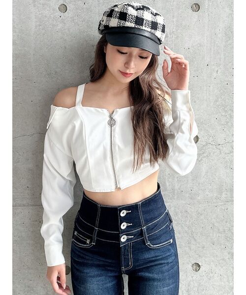 GYDA（ジェイダ）の「Symmetry GYDAオフショルシャツブラウス（シャツ/ブラウス・レディース・ブラック/オフホワイト・FREE）」の3枚目の写真