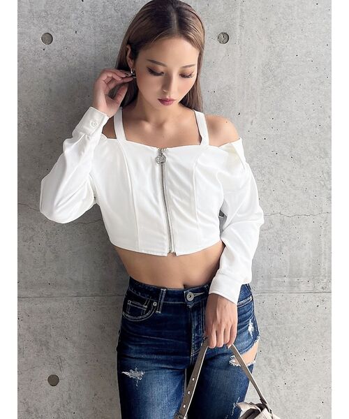 GYDA（ジェイダ）の「Symmetry GYDAオフショルシャツブラウス（シャツ/ブラウス・レディース・ブラック/オフホワイト・FREE）」の9枚目の写真